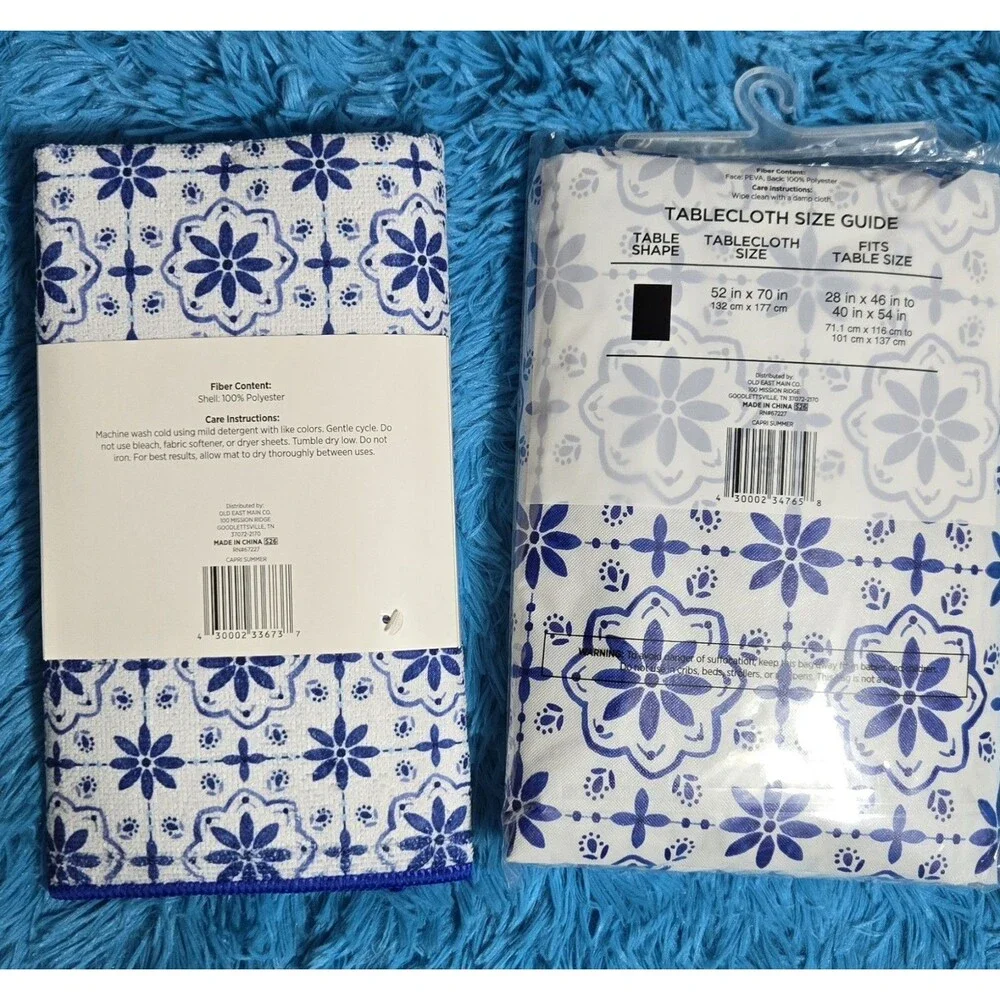 Blue Floral Kitchen True Living 2pc Bundle Dish Drying Mat & PEVA Tablecloth